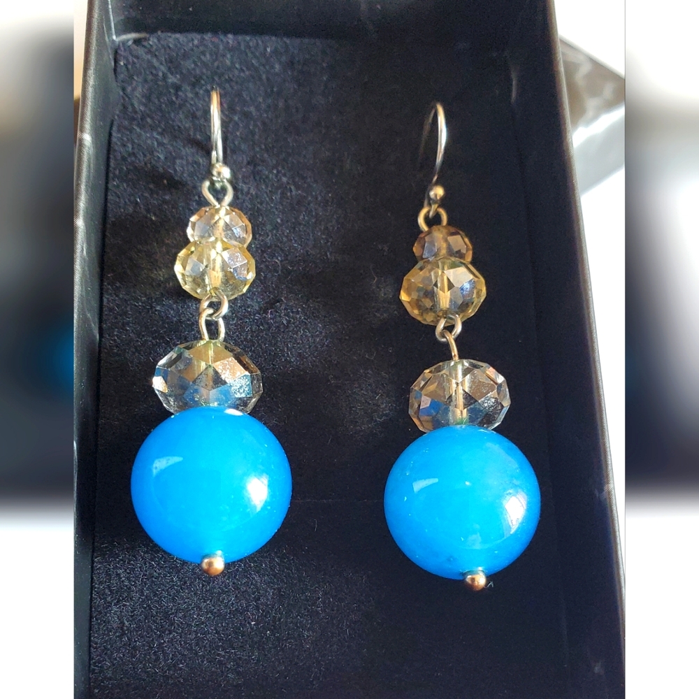 Vtg. Handmade Dyed Blue Jade Dangle Earrings